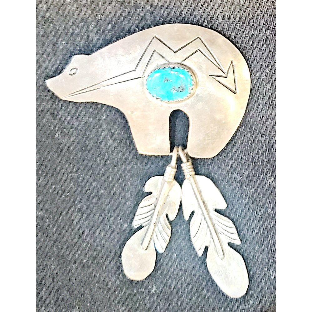 Turquoise and Silver H. Wood Bear Pendant Brooch with Two Feathers